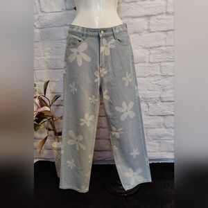 NWOT Floral Print Straight Leg Jeans High Waist Zipper Fly CasualDenim Long Pant